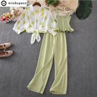 2022 summer korean elegant womens pants set daisy sun protection chiffon shirt suspender vest casual trousers three piece set