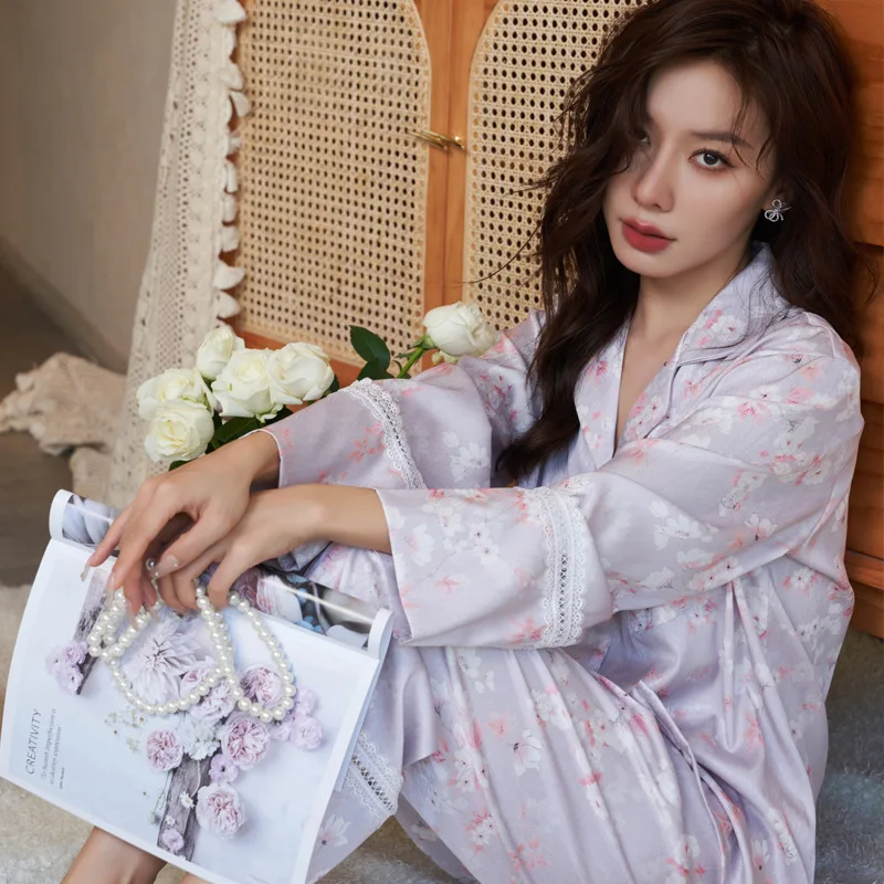 Women's 3 Piece Pajamas Sets Comfortable Floral Pijama Faux Silk Satin Pyjama Female Sleepwear Long Sleeve Shirt Pants Homewear