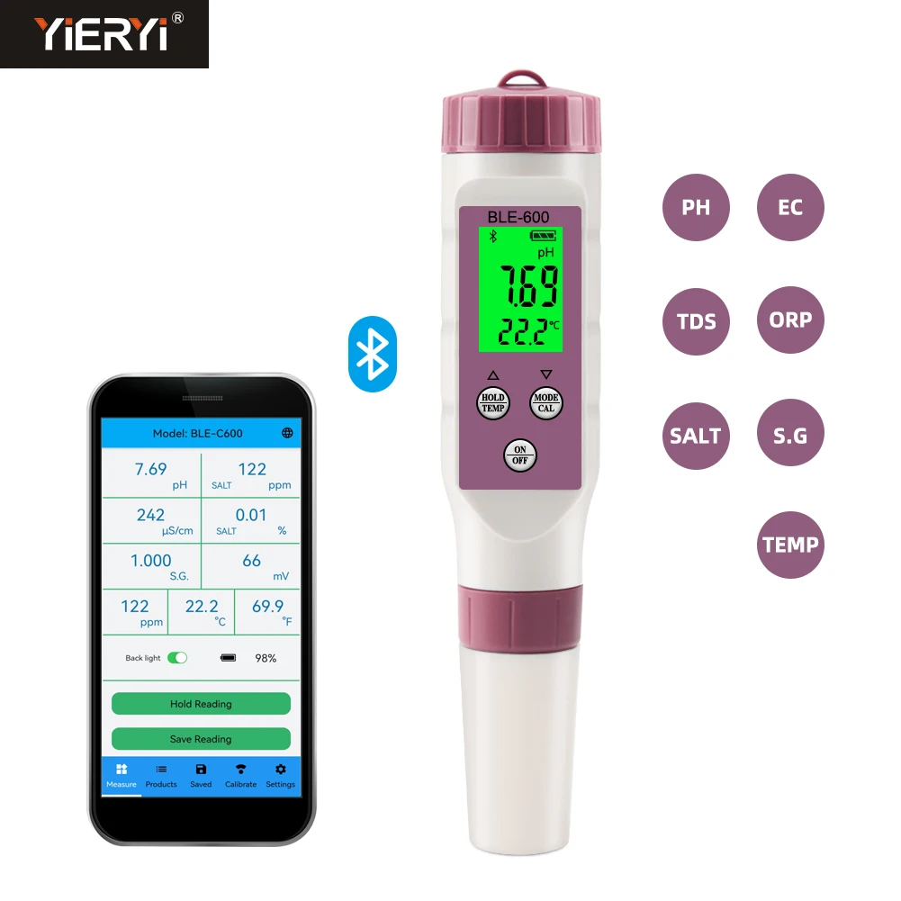 7 in 1 Temp ORP EC TDS Salinity S.G PH Meter Online Blue Tooth Water Quality Tester APP Control for Drinking Laboratory Aquarium