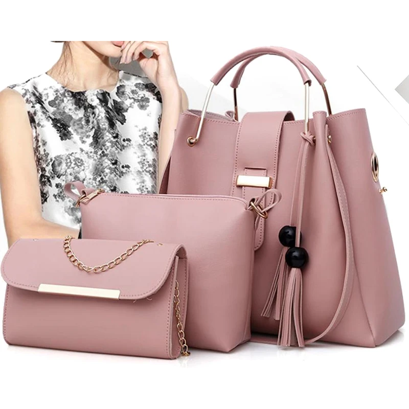 

3Pcs Women Handbags Set 2022 PU Leather Shoulder Bags Casual Tote Bag Female Tassel Bucket Purses And Handbags