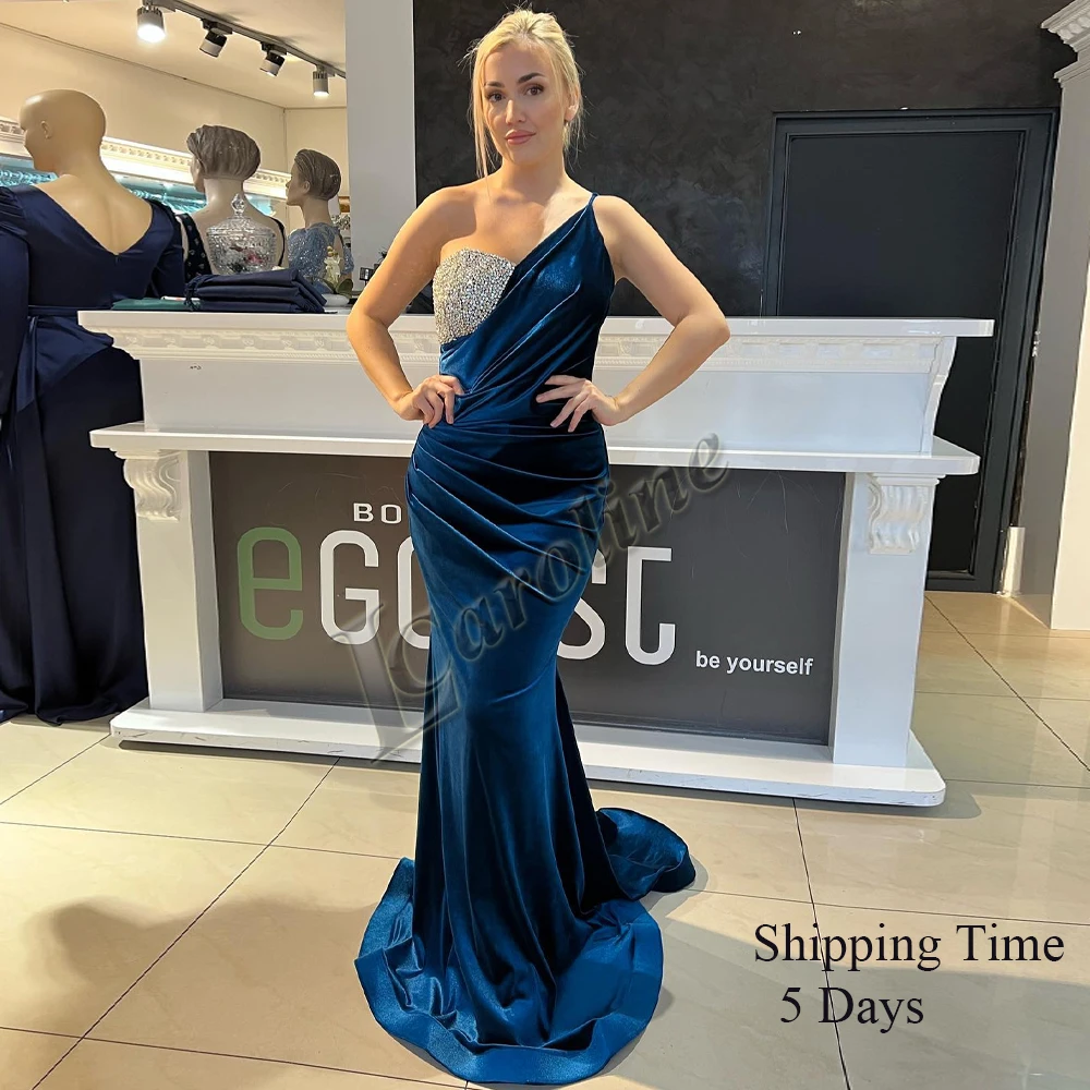 

Caroline Fashionable Velour Chapel Train Evening Party For Women Rhinestone One Shoulder Pleat Made To Order Vestido De Fiesta
