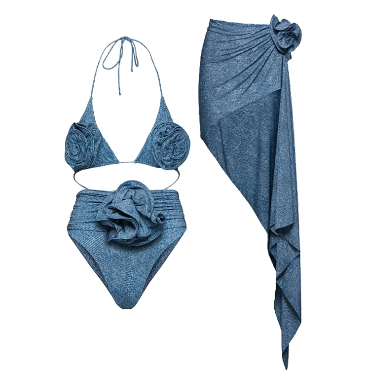 

2023 Women's swimsuit 3D Flower Halter Bikini Swimsuit and Skirt Beachwear Summer beach woman Swimwear Luxury Bathing Suit