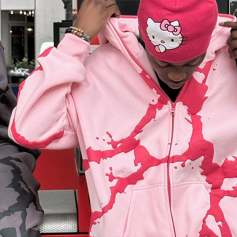 

Y2K Zipper Hoodie Pink Pattern Printing Solid Color Oversized Clothing 2023 New Punk Harajuku Leisure Best Selling Hoodie Men