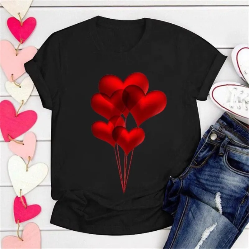 Хлопок 100% пуловер с воздушным шаром Love футболка коротким рукавом женская модная