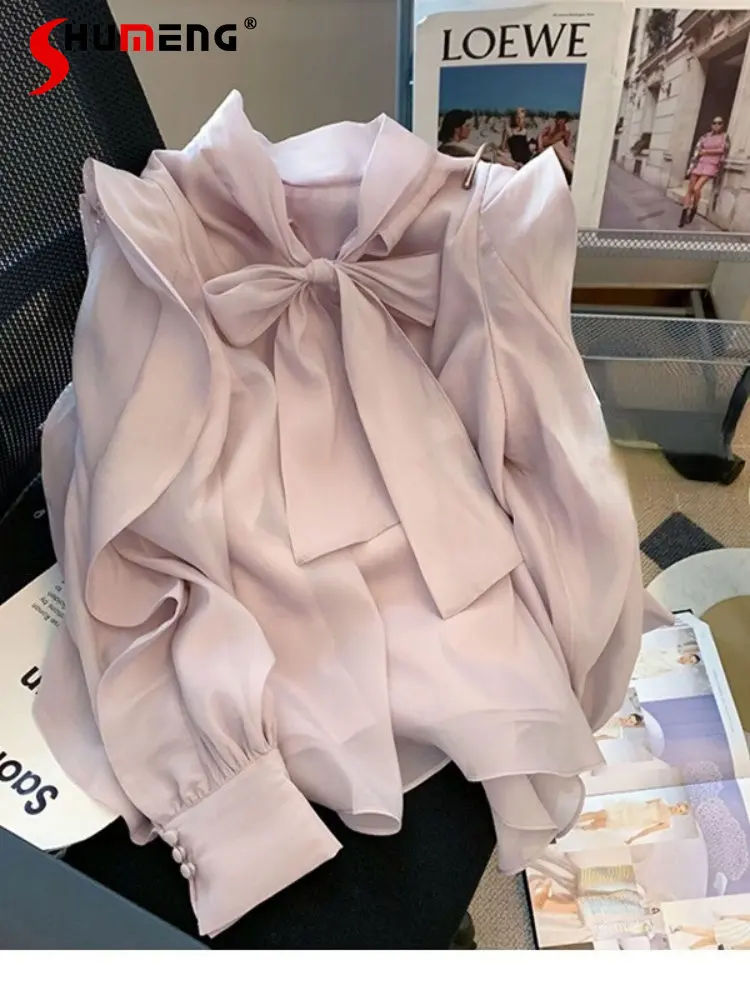 

Loose Woman Bow Tied Ruffles Spinning Shirt 2023 Spring Autumn Elegant Women's Long Sleeve Bottoming Tops Female Blusas Mujer
