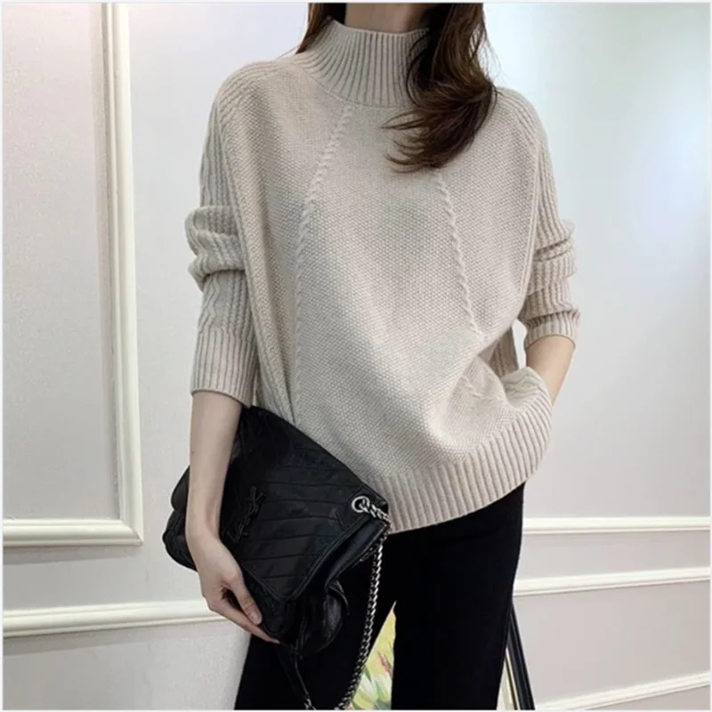 Autumn Winter New 100% Pure Wool Sweater Women's Half Turtleneck Fashion Loose Large Size Knitted Thick Pullover Bottoming Shirt