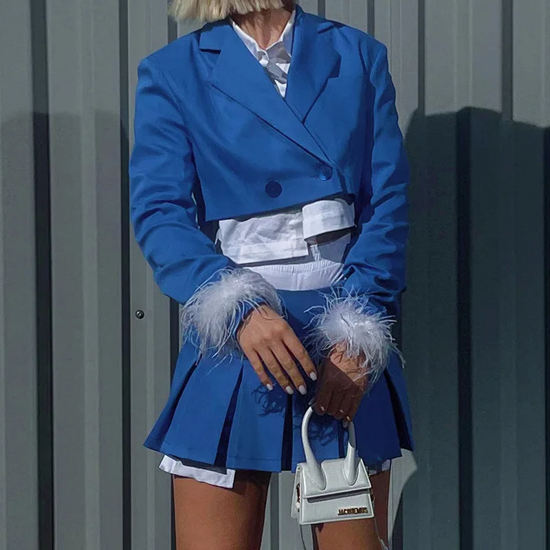 

2022 Fall Women Blazer Suit Two Piece Sets Turn-down Collar Blazers Tops And Pleated Skirts Femme High Street Y2K Outfits