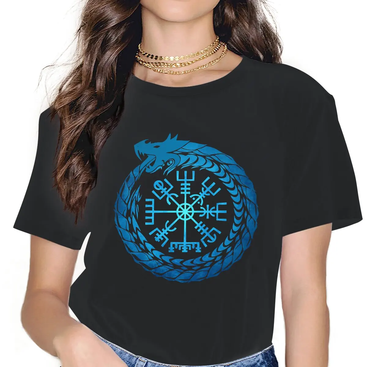 

Vegvisir Jormungandr World Serpent Women Shirts Viking Oversized T-shirt Harajuku Vintage Female Blusas