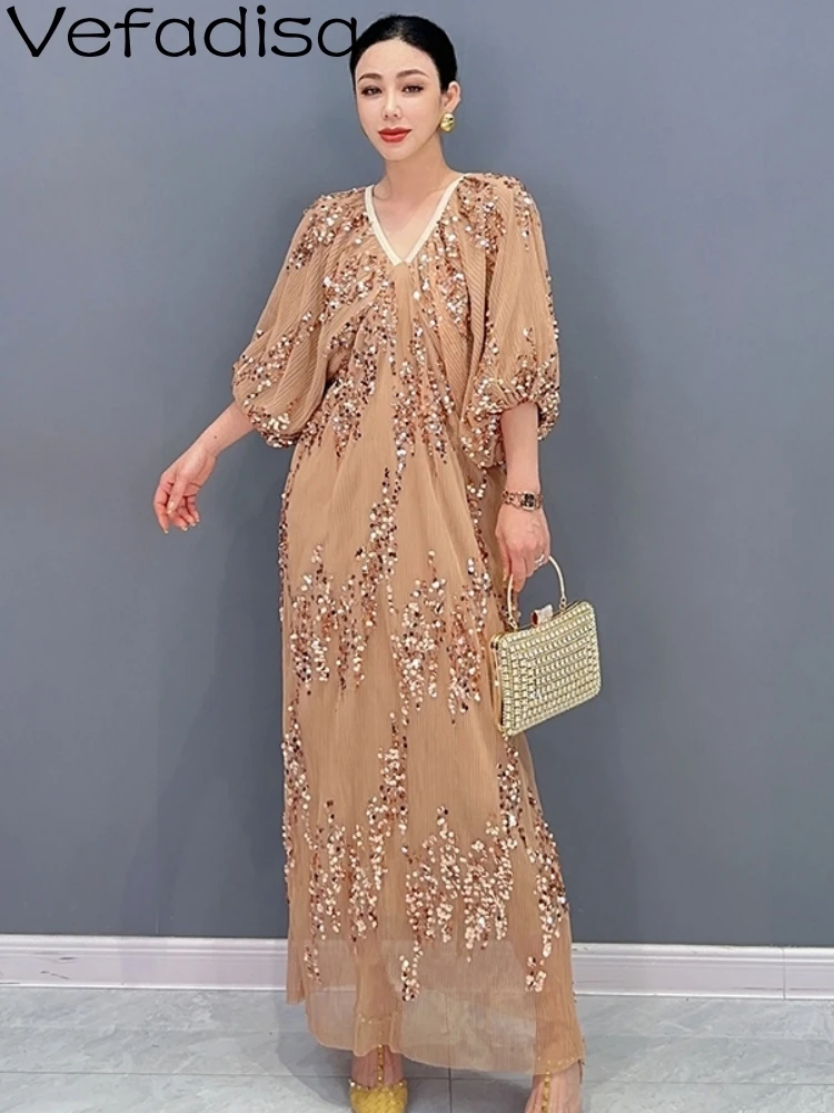 

Vefadisa 2023 Summer New Bat Sleeve V-Neck Heavy Industry Dress Fashion Solid Color Elegant Personalized Khaki Girl Dress ZY1877