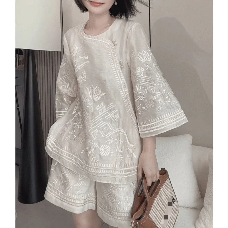 Женская блузка с вышивкой и шорты, Белый Свободный Повседневный ...