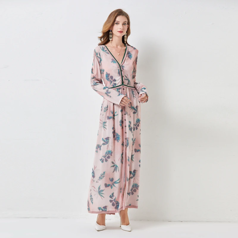 

Long Dresses for Women Foreign Trade V-neck Single Breasted Printed Dress Spring and Autumn New Long Skirt Holiday Retro Loose