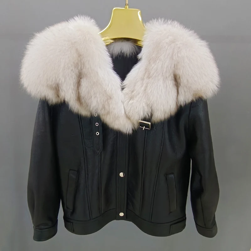 Winter Jackets For Women's Leather Coats With Real Big Fox Fur Collar Genuine Sheepskin Leather With Lamb Fur Outwear  jackets