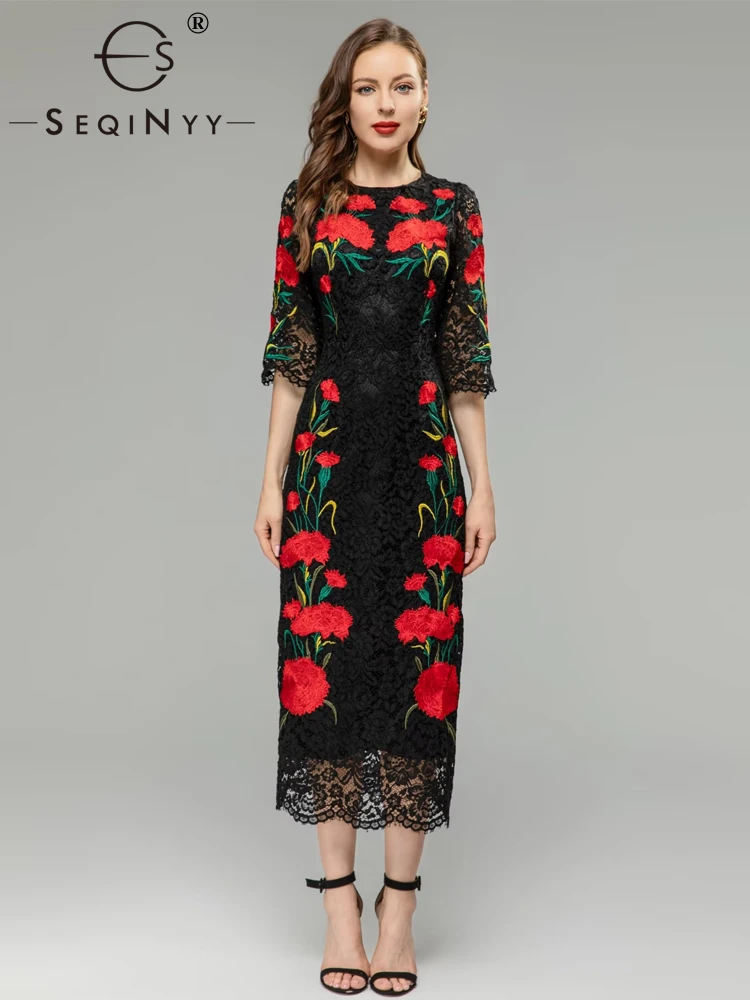 SEQINYY Black Lace Dress Summer Spring New Fashion Design Women Runway High Quality Embroidery Red Flowers Print Sicily Elegant