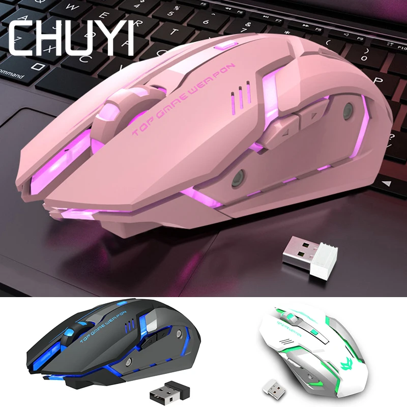 

CHUYI 2.4Ghz Rechargeable Gaming Mouse Pink Wireless RGB LED Mechanical Silent Mause Adjustable DPI Computer Gamer Mice