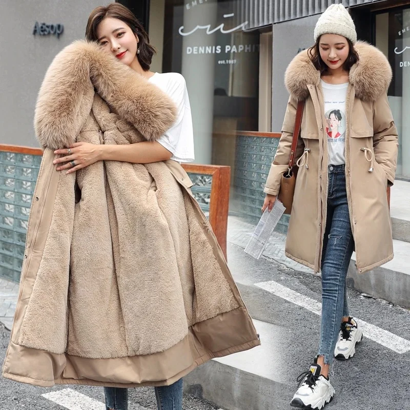 

2021 New Winter Jacket Women Cotton Liner Parker Fashion Adjustable Waist Fur Collar Female Long Hooded Parka Coat Snow Wear
