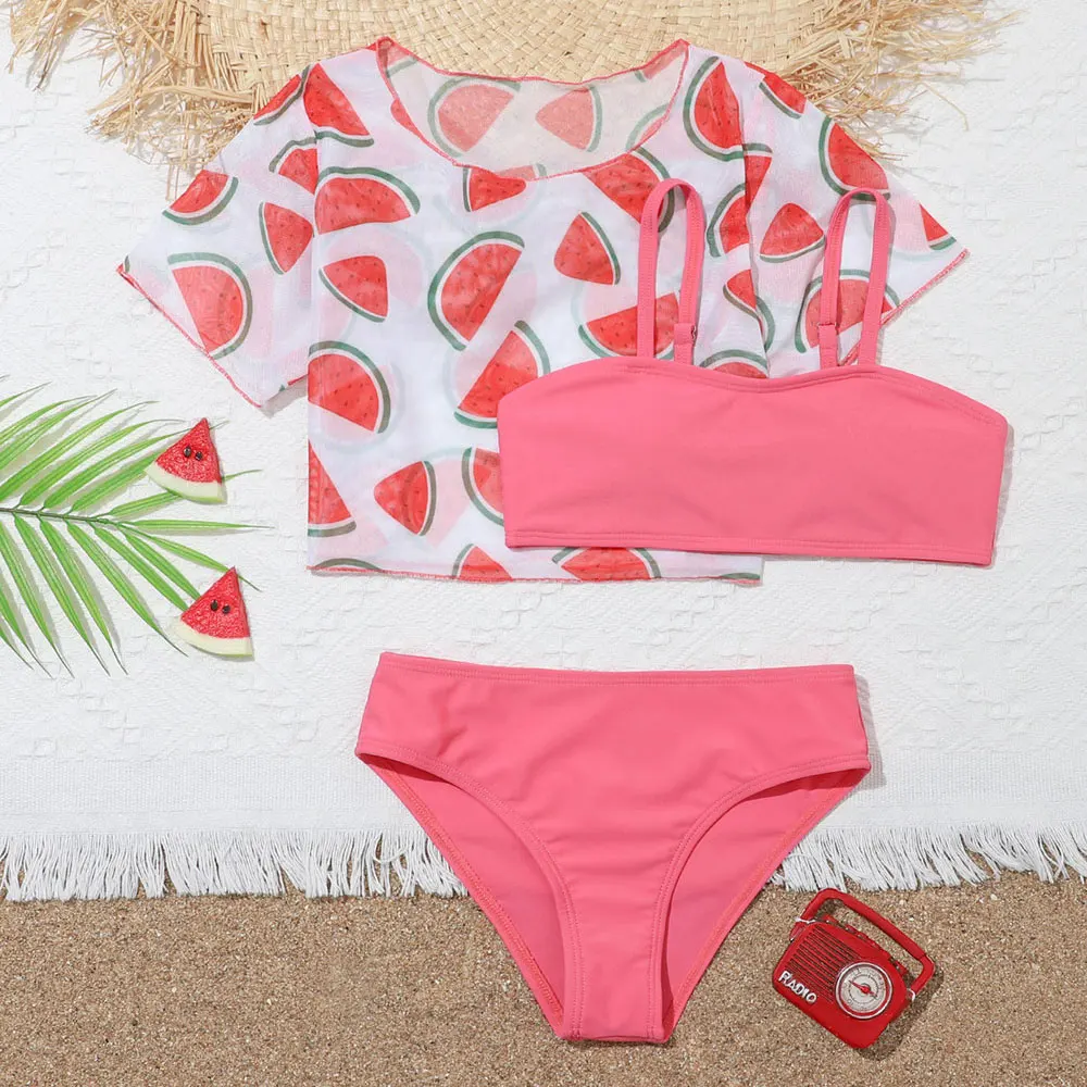 

3pack Solid Girl Bikini Swimsuit Kids with Mesh Watermelon Print Cover Up 7-14 Years Children's Swimwear Teen Bathing Suit 2022