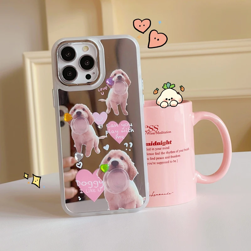 

Mirror Lovely Dog Phone Case For iPhone 11 12 13 14 Pro Max Mini XR XS X 7 8 Plus SE 2022 Shockproof Cartoon Tpu Silicone Cover