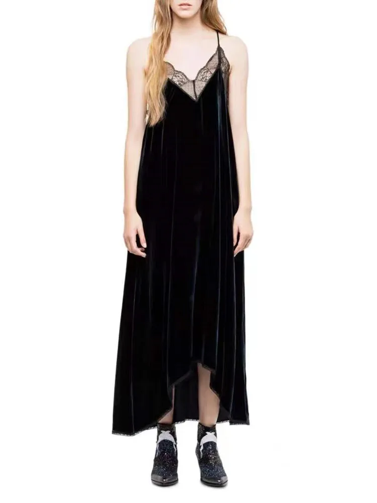 

Женское бархатное платье-миди на бретельках, привлекательное шелковое и вискозное асимметричное платье без рукавов с вышивкой и V-образным вырезом, новинка 2023