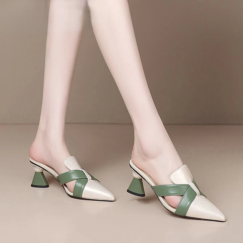 2023 Summer Hot Women Slippers New Thick Heel Soft Leather Women Half Slippers High-heel Patchwork Mules Shoes Woman