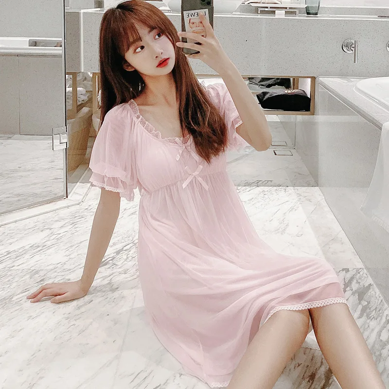 New Court Style Mesh Lace Princess Nightdress Female Summer Girl Beautiful Pijamas Cute with Chest Pad