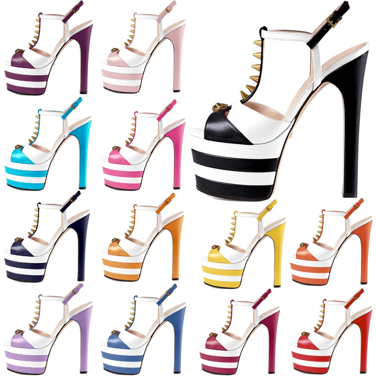 

Women Chunky High Heels T Strap Rivet Trend Sandals Sexy Peep Toe Evening Party Shoe Platform Popular Striped Lady Sandal D-SL-3