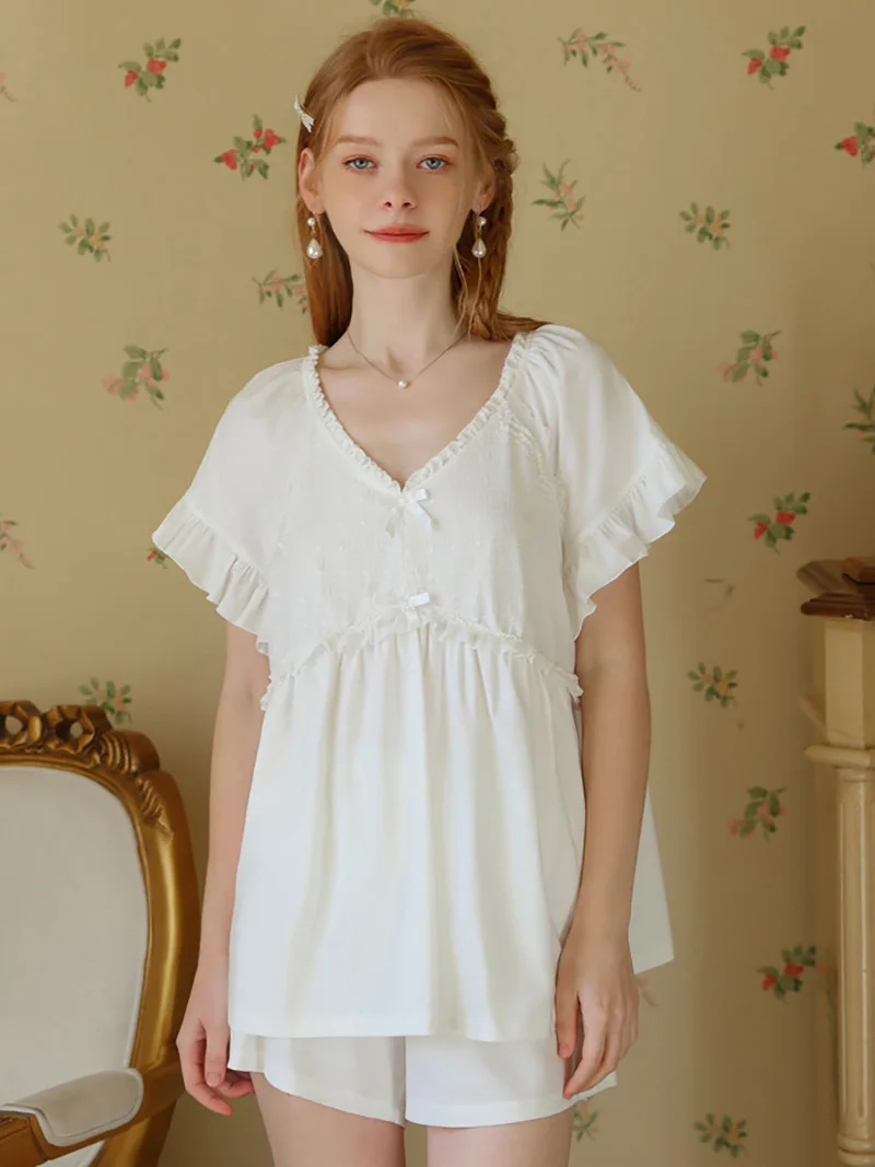 Women Summer Pajamas Cotton Vintage Short Sleeve Top Shorts Set Sweet Princess Retro Court Victorian Ruffles Home Sleepwear