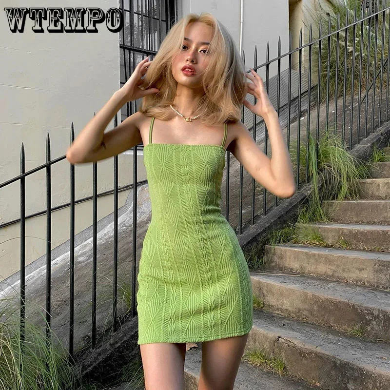 

Knitting Dress Avocado Green Female Solid Color Self -cultivation Lean Spicy Girl Bend Dress Mini Spaghetti Strap Dresses Summer