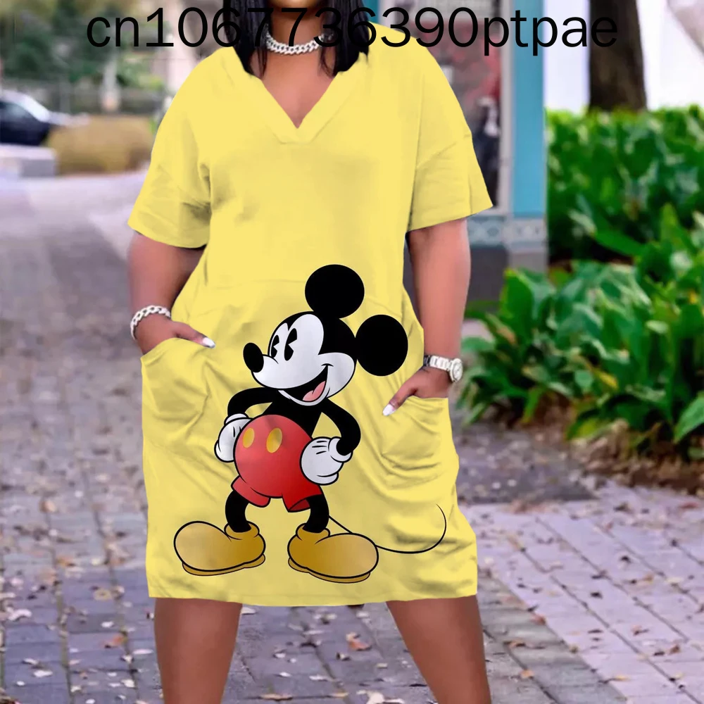 

Disney Minnie Plus Size Dress Woman V-neck Midi Beach Dress Kawaii Cartoon Print Robe Long Sleeve Loose Ladies Female Clothing