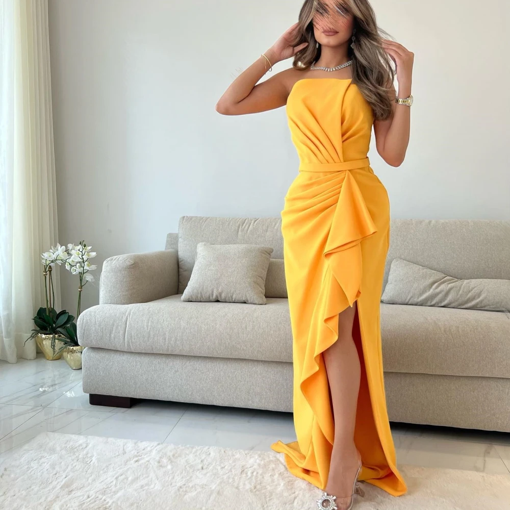 

Carolina Strapless Pleat High Slit Evening Dresses Women Saudi Arabia Sleeveless Satin Wedding Guest Elegant Formal Party Gowns