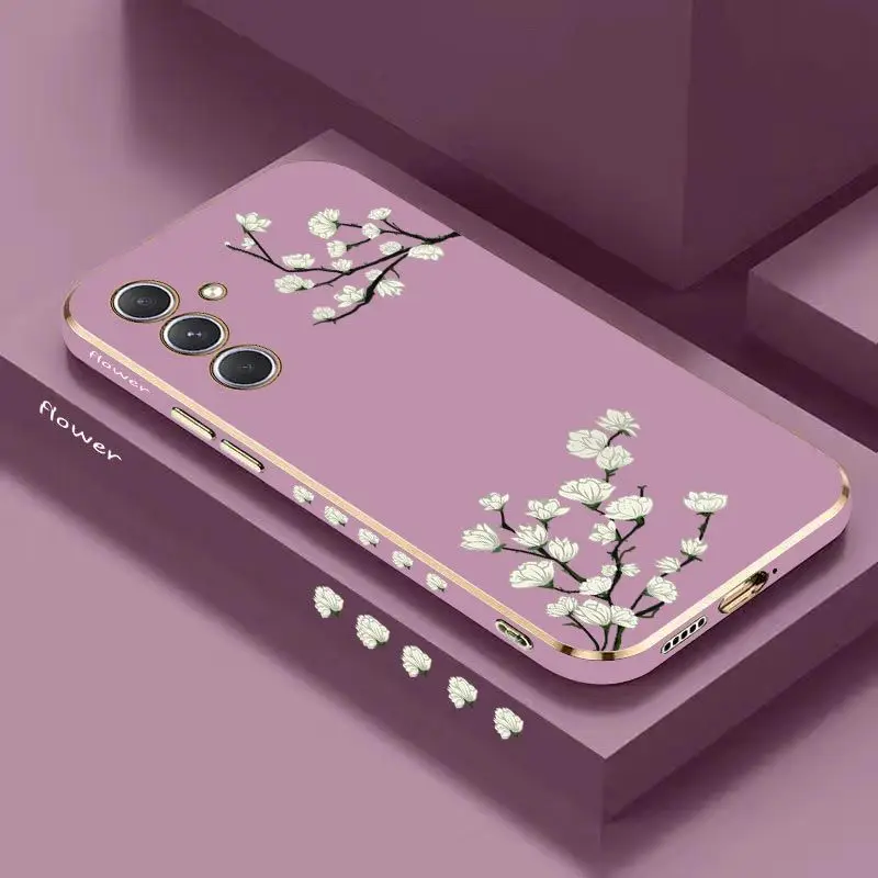 

White Plum Blossom Luxury Plating Phone Case For Samsung Galaxy A54 A34 A24 A73 A53 A52 A52S A04S A04E A72 Cover