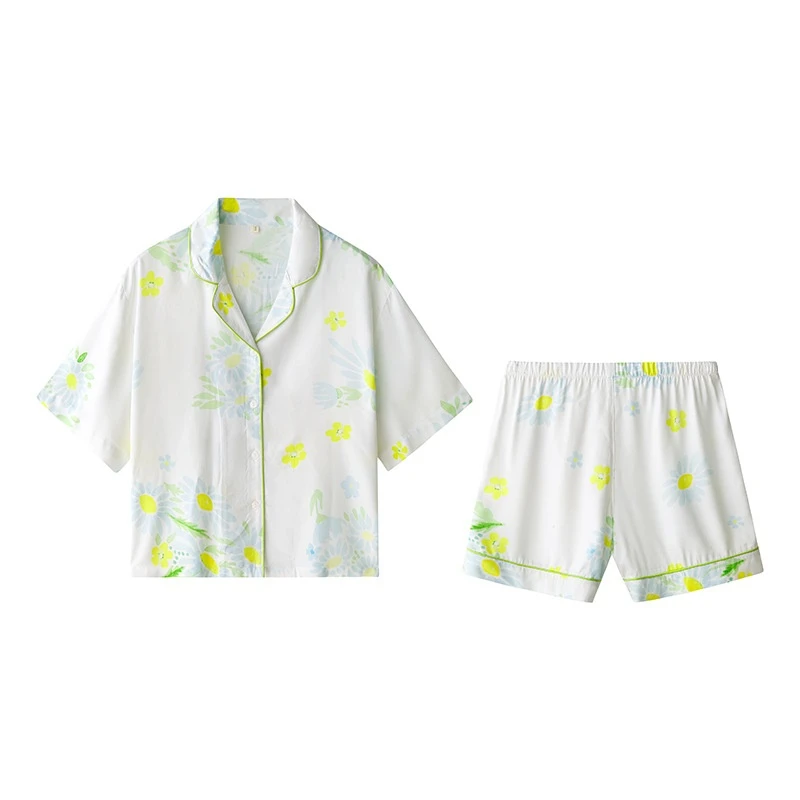 

2022 Ladies Satin Short Sleeve Shorts Pajamas Lapel Loose Viscose Print Pajama Set Women Sexy Nightwear Two Piece Set Summer
