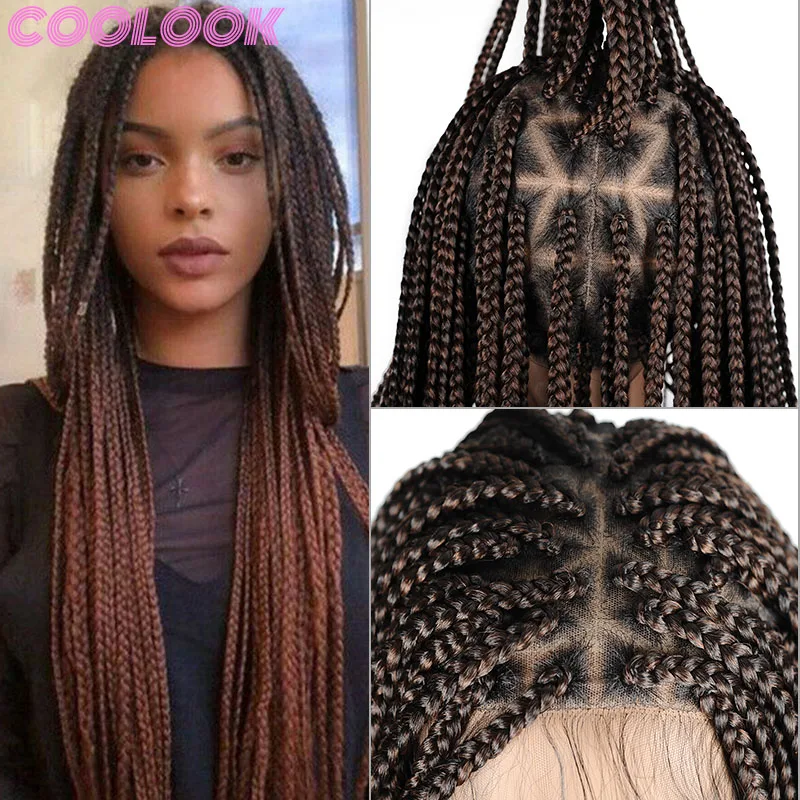 36 inch synthetic braided full lace front wig super long knotless box braid frontal wig ombre full lace box braid wigs for women