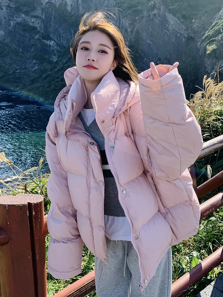 Pink Preppy Hood Down jacket Women Winter 2024 New High Sense Short Small White Duck Down Outerwear