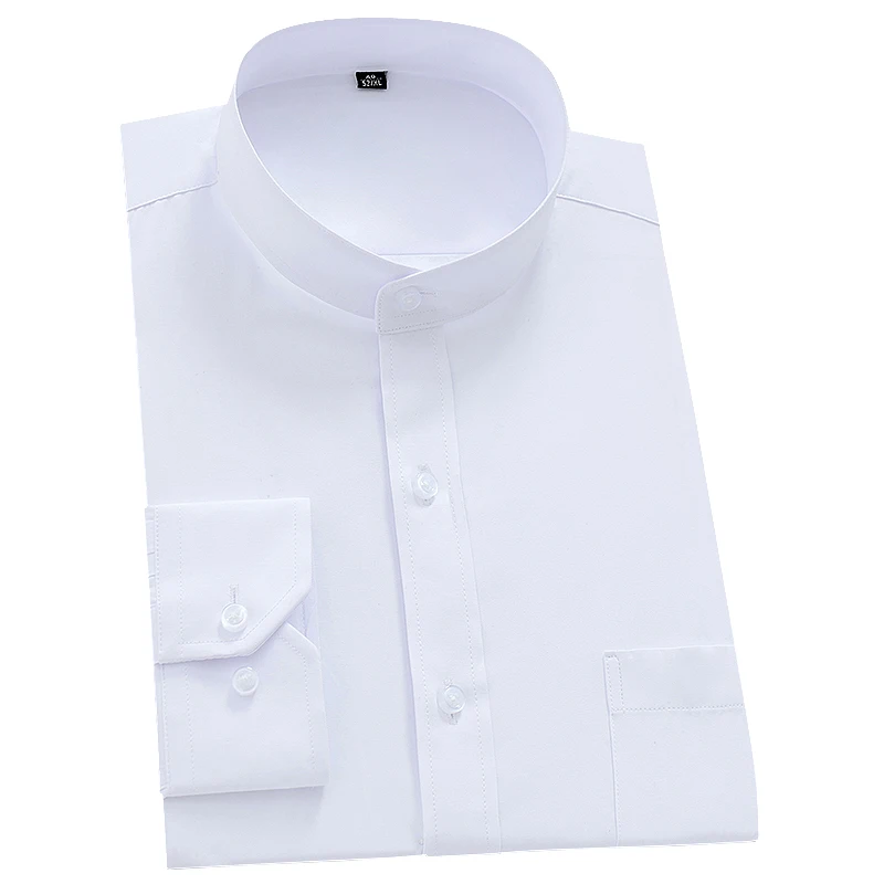 

Mandarin Bussiness Formal Shirts for Men Chinease Stand Collar Solid Plain White Dress Shirt Regular Fit Long Sleeve Male Tops