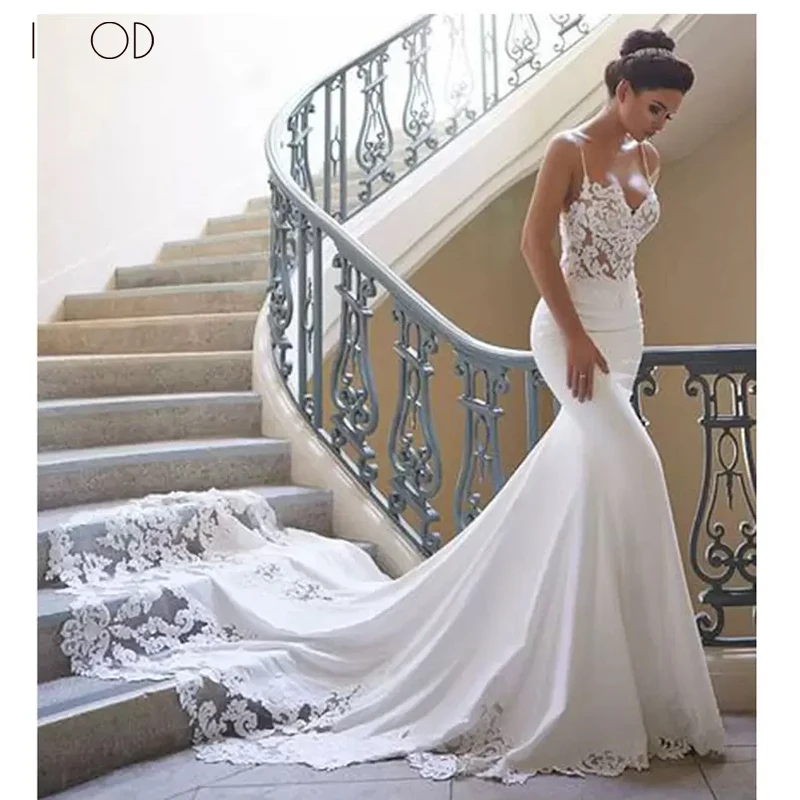 I OD Sexy Sweetheart Wedding Dresses Elegant With 3D Flower Applique Spaghetti Backless Mermaid Satin Bride Gown Chapel Train