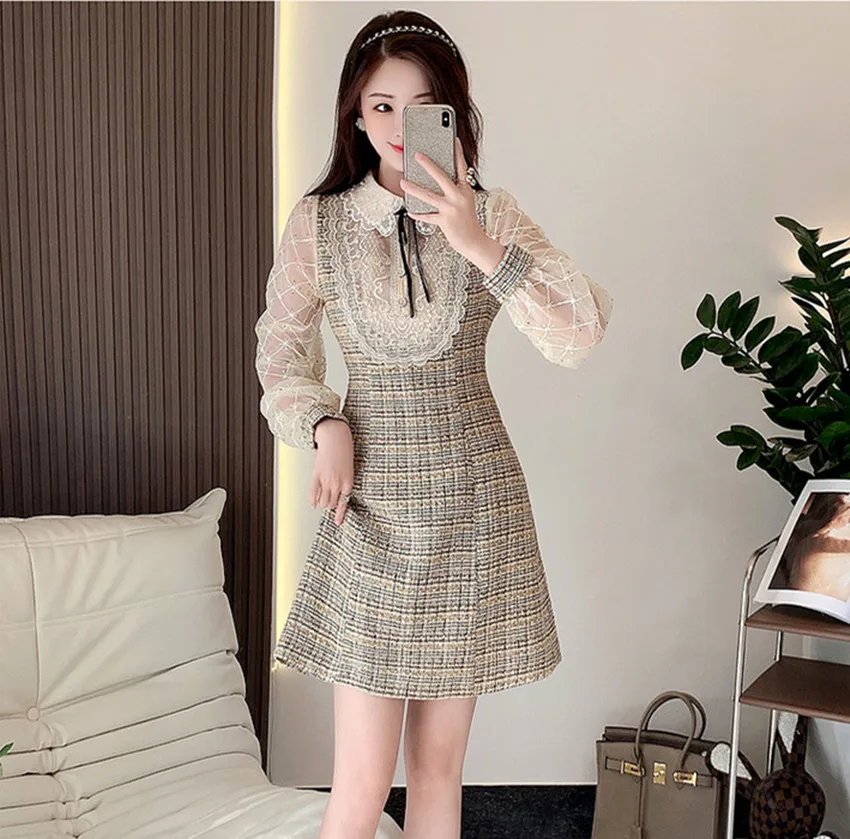 

2022 Autumn Spring Party Dress High Quality Women Beaded Peter Pan Collar Sequins Mesh Patchwork Tweed Embroidery A Line Vestido