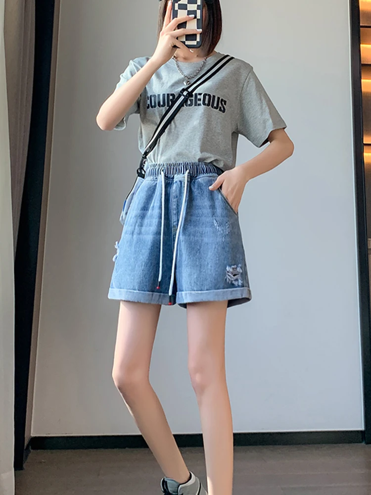 New Summer Women Wide Leg Elastic Waist Lace Up Blue Denim Shorts Streetwear Female Straight Jeans Shorts Bottoms