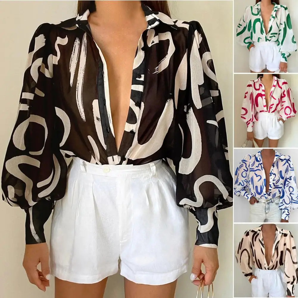 

2022 Summer Sexy Print Women's Shirt Single Breasted Lantern Long Sleeve Vintage Shirts Female Fashion Casual Loose Ladies Top