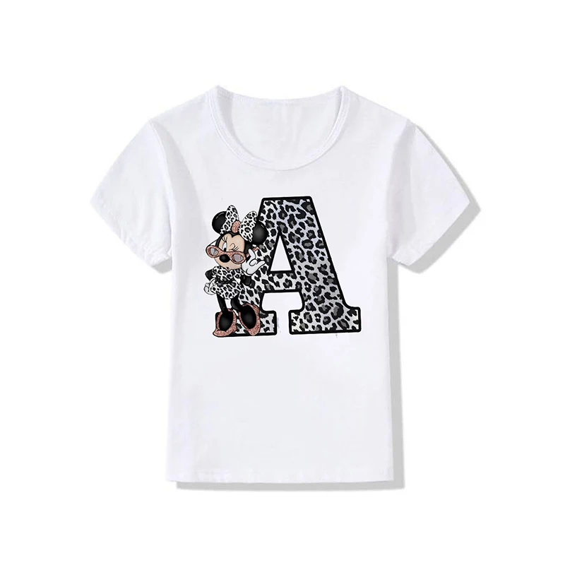 

Girls Minnie Letter T-shirt Summer Kids Leopard Print Short Sleeve T Shirt 1-10Y Baby Girl Kawaii Tops Children Disney Clothing