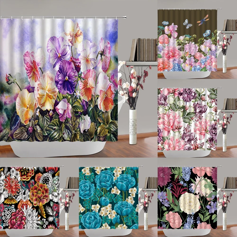 

Blooming Flowers Shower Curtain Watercolor Lotus Rose Dahlia Floral Butterfly Bathroom Curtains Fabric Home Decor Bathtub Screen