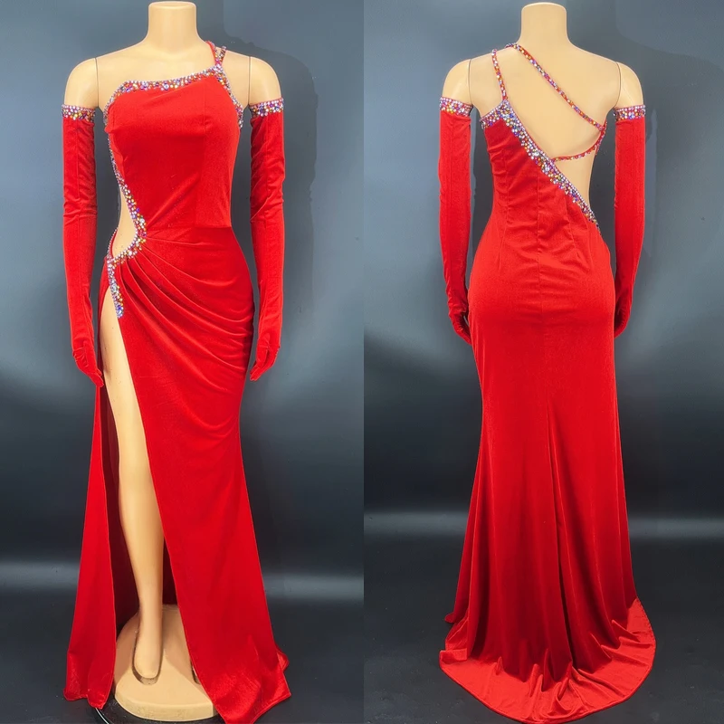 

Red Velvet Cutout Fancy Diamond Gloves Gown Birthday Celebrate Outfit Women Prom Evening Dresses Stage Show Costume XS5178