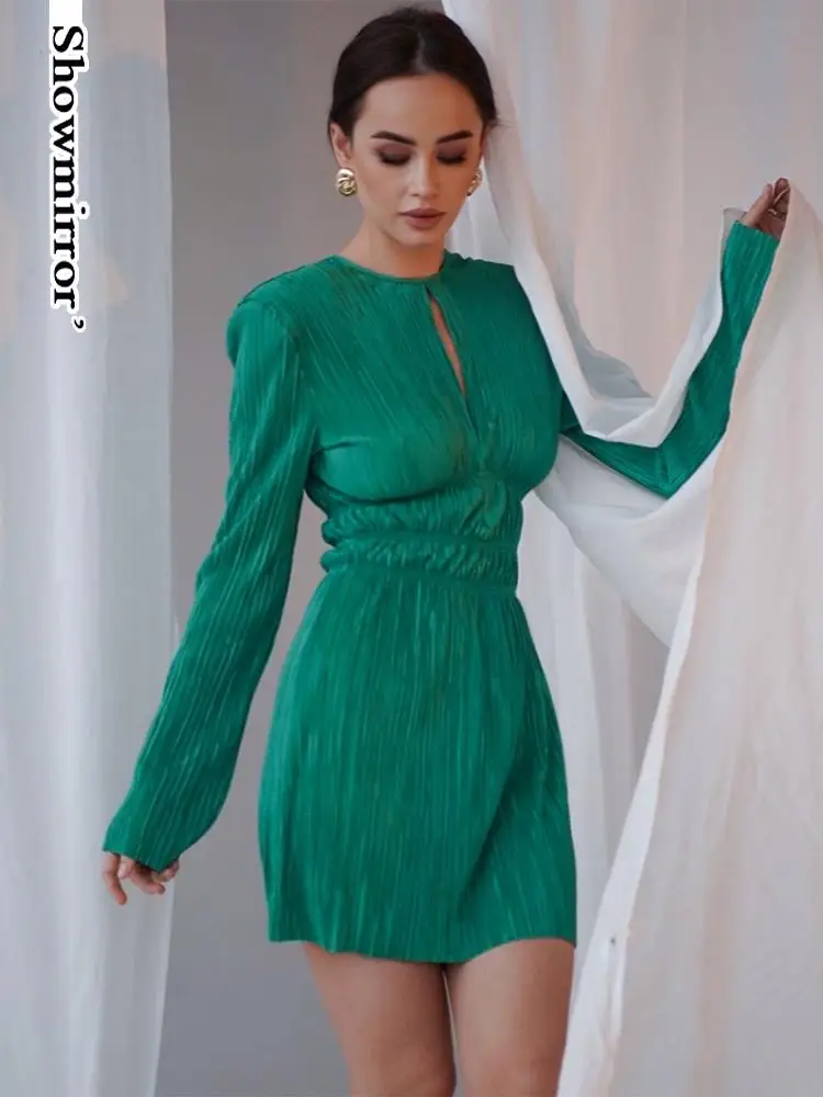 

Элегантное мини-платье Showmirror с длинным рукавом и рюшами для женщин, Клубные вечерние платья-трапеции с вырезом, однотонная одежда, новинка