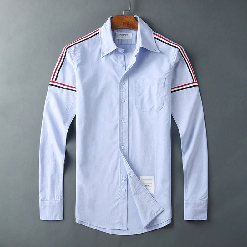 TB Shirts Men New Turn Down Collar Oxford Shirts Men Slim Long Sleeve Casual Shirt Shoulder Ribbon Solid Men's Clothing
