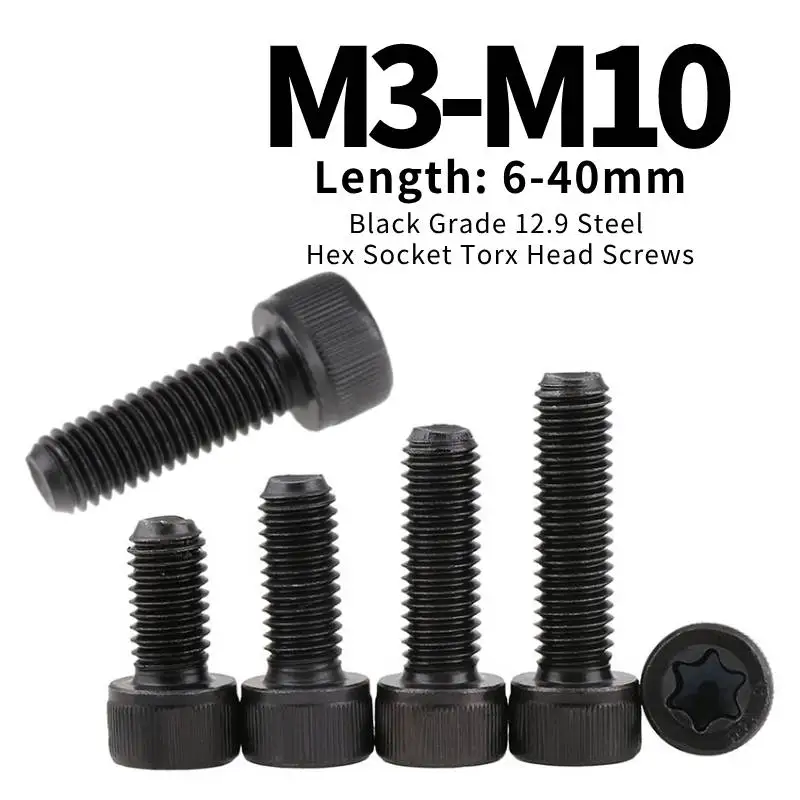 

3/1PCS Black Grade 12.9 Steel Hex Socket Torx Head Screws M3-M10 Cup Head Plum Blossom Hole Cylindrical Screw DIN912