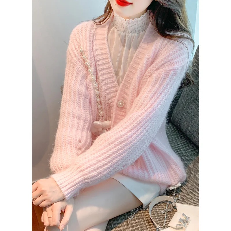 

Женский модный новый стиль розовый вязаный свитер с длинными рукавами темпераментный удобный кардиган универсальное осенне-зимнее пальто
