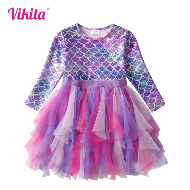 VIKITA Princess Dress For Girls Long Sleeve Winter Children Dress Mermaid Irregular Prom Tutu Kids Dress For Girls Party Costume 1