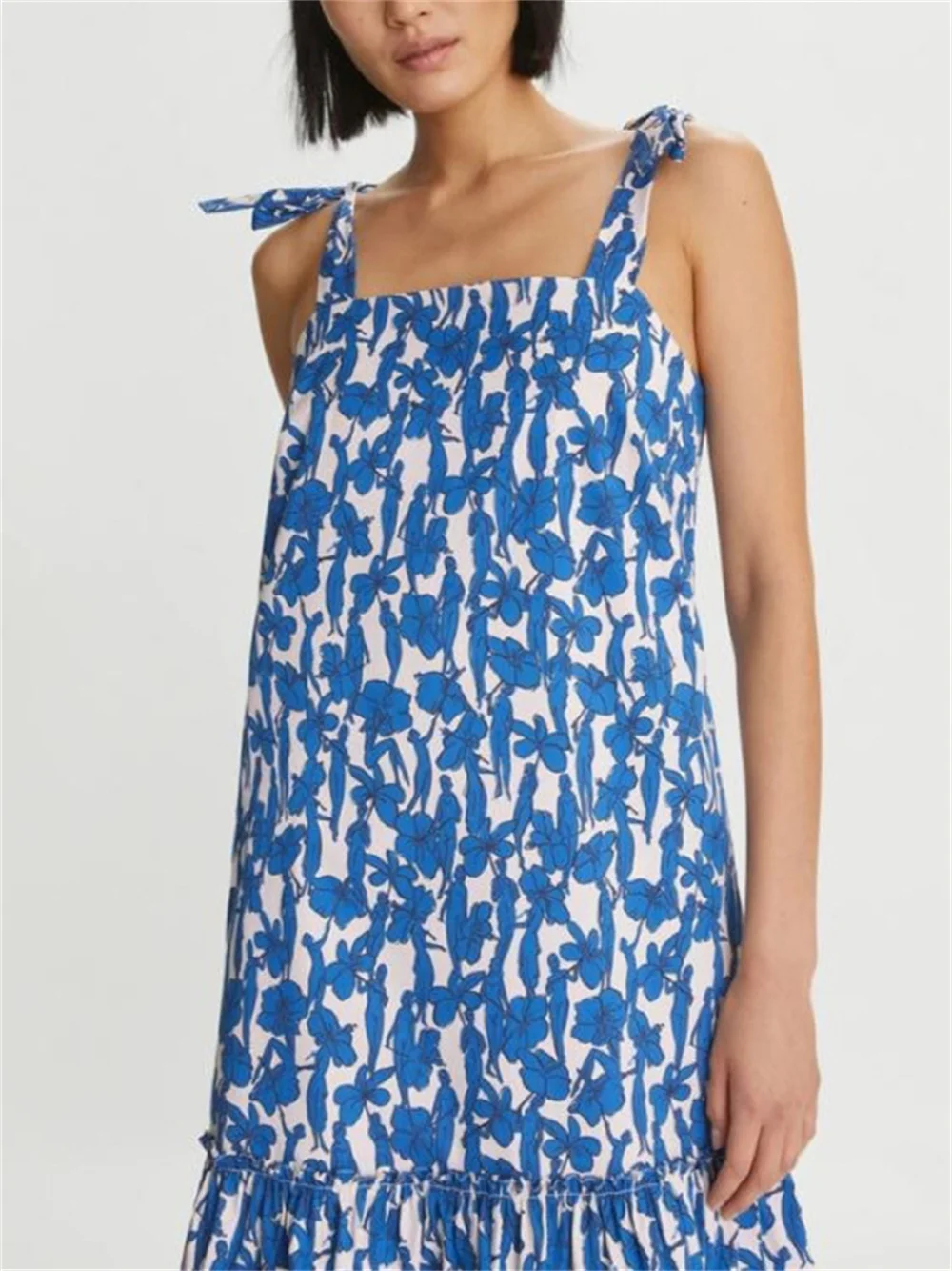 

Women Blue Hibiscus Flower Printed Lace Up Sling Dress 2023 Summer New Ladies Square Collar Loose Ruffled Trim Mid-Length Robe