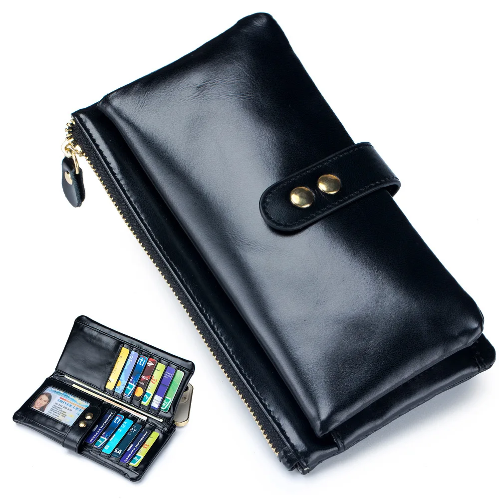 2023 Hot Sale Oil Wax Leather Women Wallet Long Multi-Card Holder Large Capacity Clutch Wallet for Women Zip Mobile Phone Purse