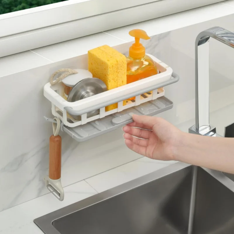 ABS Sink Drain Rack Storage Holder Telescopic Rod Kitchen Sink Drain Organizer Sponge Soap Brush Holder Kitchen Accessories