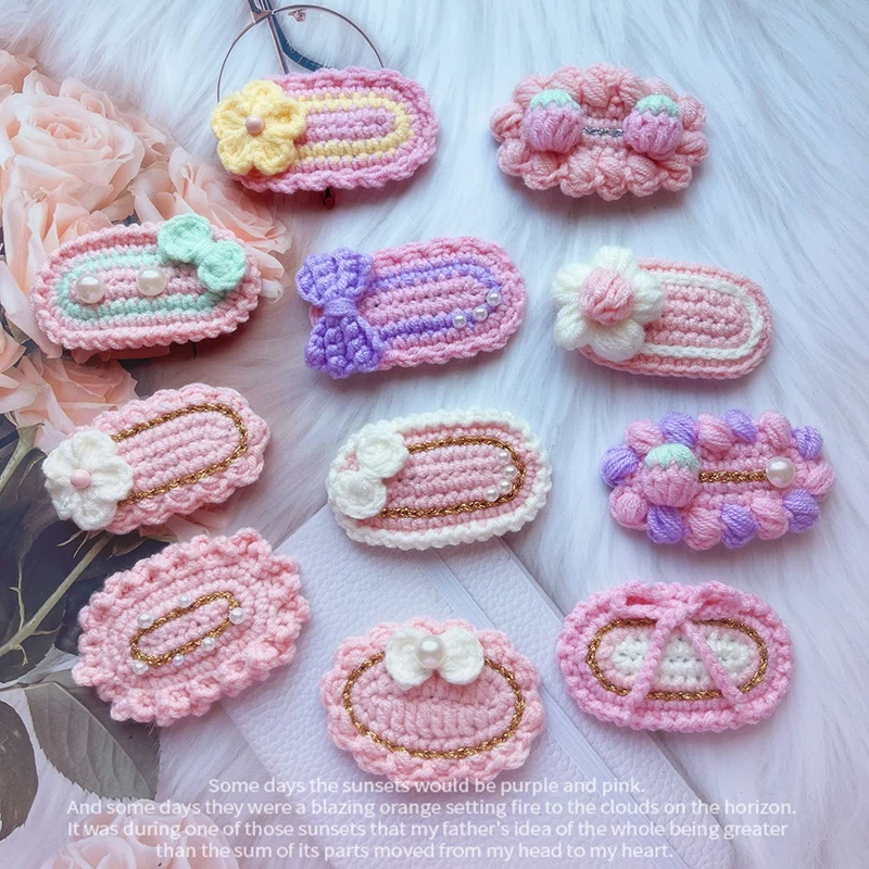 

1 Pcs Pink Barrettes Girl Wool Knitting Headwear Pure Handmade Crochet Clips Hairpins Pearl Bows Hooks Women Hair Accessories